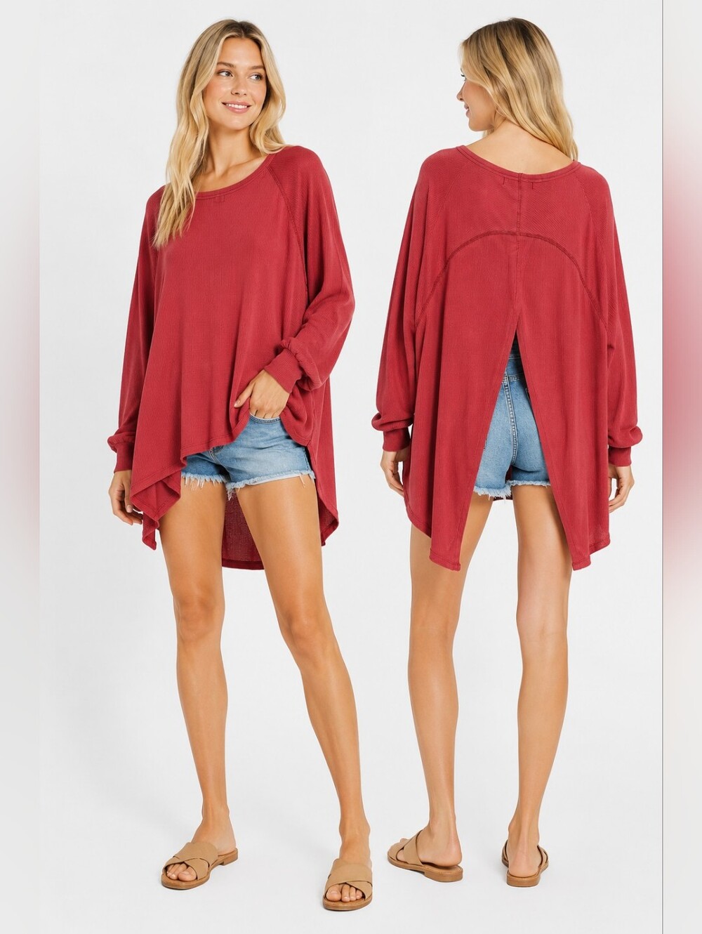 NEW Free People Size L Amelia Waffle-Knit Crewneck Sweatshirt Red
